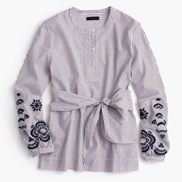 J. Crew Embroidered Navy/Red Pinstripes Tie Front Blouse (NWT) - Picture 1 of 7